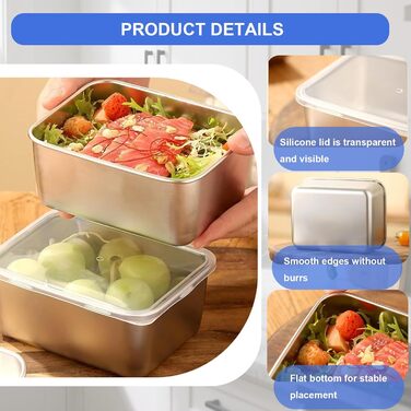 Контейнерів для зберігання продуктів з кришками, харчова сталь, багаторазові та штабельовані, контейнери для нарізок для холодильника, кухонні контейнери для сиру, фруктів, салатів, 6