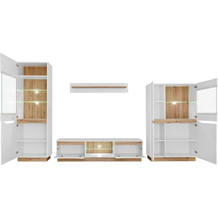 Настінна шафа для вітальні Generic Fame, настінна полиця для вітальні, стіна для телевізора, матова глянцева вітрина, низька тумба, настінна полиця зі світлодіодним підсвічуванням (білий/дуб Artisan) Білий / дуб Artisan