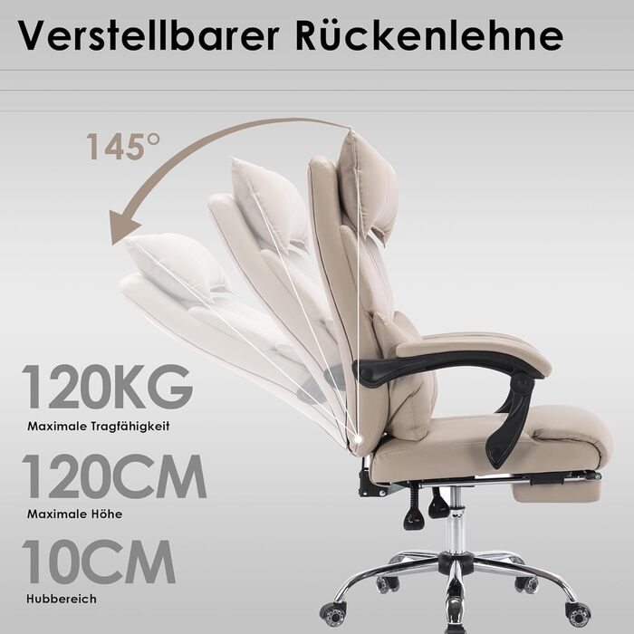 Ергономічне офісне крісло з підставкою для ніг, підголівником та поперековою опорою, регульоване крісло для керівника, вантажопідйомність до 150 кг, регульована висота, ідеально підходить для офісу та домашнього офісу, бежевий