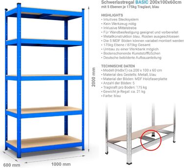 Стелаж для зберігання Panorama24 синього кольору, вантажопідйомність до 875 кг - Розміри 200 x 100 x 60 см, полиця, полиця для підвалу, полиця без болтів, полиця для майстерні, полиця для важких робіт