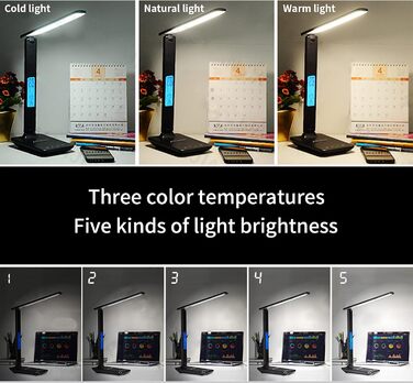 Настільна лампа CSYY LED із бездротовим зарядним пристроєм 10 Вт, 3 кольорові та 5 рівнів яскравості з можливістю затемнення, настільна лампа з функцією пам'яті, портативна, сенсорне керування, захист очей для офісу, читання, навчання