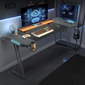 Ігровий стіл YUENFONG 120 x 60 см, ігровий стіл, комп&39ютерний стіл з вуглецевим волокном, комп&39ютерний стіл з гачком для навушників та підставкою для чашок, чорний зі світлодіодним підсвічуванням, 120 см