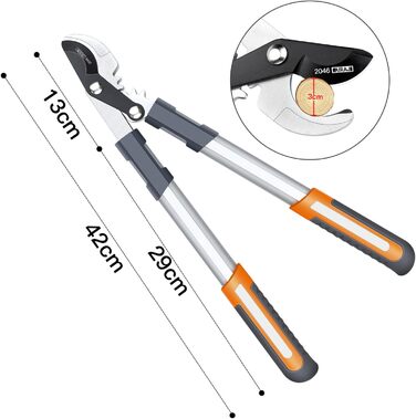 Садові ножиці AIRAJ Bypass 43 см, обрізають гілки 3 см, з тефлоновим покриттям та гострими лезами SK5, можуть обрізати сухі та вологі гілки.