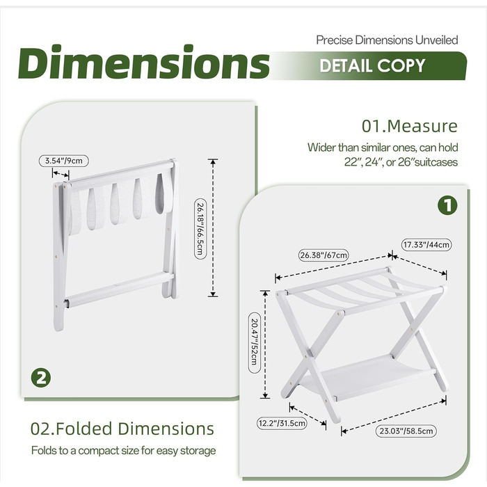 Багажник, складний бамбуковий багажник з полицею для гостьових кімнат, спалень, готелів, шаф (білий)