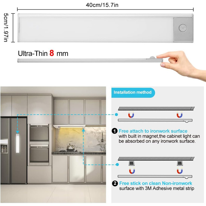 Освітлення під шафою Кухня Led Dimmable 126 світлодіодів, освітлення шафи Нічник з датчиком руху Ультратонкі світильники для шафи акумуляторні 3000-6500K 3 колірна температура Світлодіодна стрічка для сходів кухонної шафи 40 см