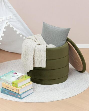 Круглий пуф Bonlife з кришкою, складна підставка для ніг зі столиком, пуф для вітальні, спальні, коридору, оливковий оксамит, 39x39x37 см 39 см оливковий
