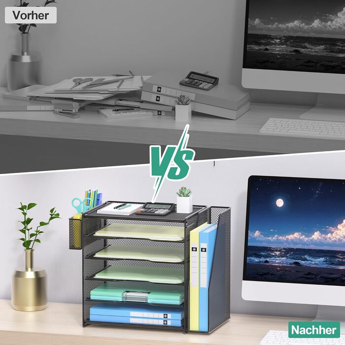 Настільний органайзер OUTWOLF з тримачем для файлів, 6-ярусні лотки для листів з 1 вертикальним відділенням, 1 тримач для ручок, сітчастий настільний органайзер, тримач для журналів та офісного приладдя, зберігання документів, чорний