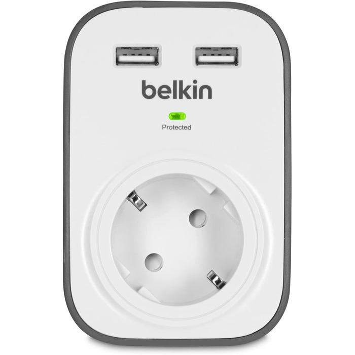 Розетка та захист від перенапруги, одностороння/1 вилка з захистом від перенапруги, захищена вилка з USB-роз'ємами x 2 (2,4 А), бі