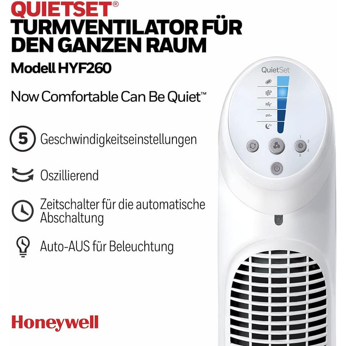 Баштовий вентилятор Honeywell QuietSet, що коливається, для всієї кімнати (5 налаштувань швидкості, коливання 80, функція таймера,