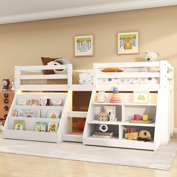 Дитяче ліжко середнього класу 90x200 зі світлодіодним освітленням, односпальне ліжко зі сходами та шафою для зберігання, ліжко з місцем для зберігання, дерев&39яне ліжко, функціональне ліжко, дитяче ліжко із захистом від падіння та рейковим каркасом, біле