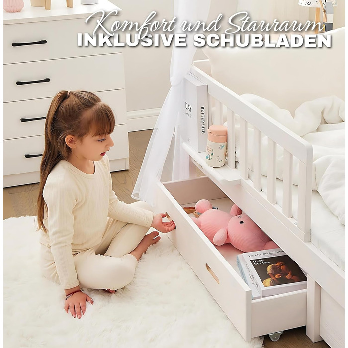 Ліжко для дому 90x200 з шухлядою, матрацом та набором 4-TLG DEKO рожевого кольору, вкл. захист від падіння книжкової полиці та рей