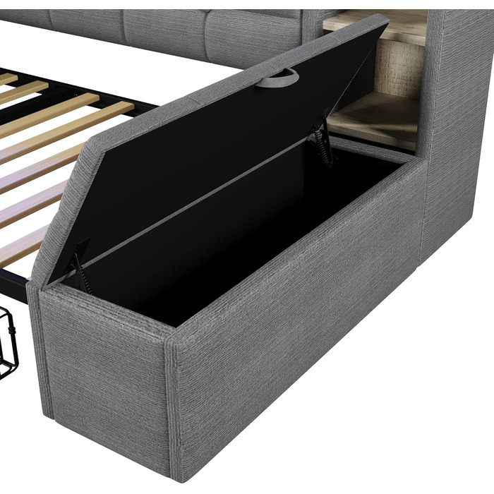 Кушетка, диван-ліжко, 90190 см, з двома шухлядами, портами USB та Type-C, відділенням для зберігання речей, лавкою для зберігання речей у нижньому кінці, світлодіодною стрічкою, без матраца, оксамит (темно-сірий)