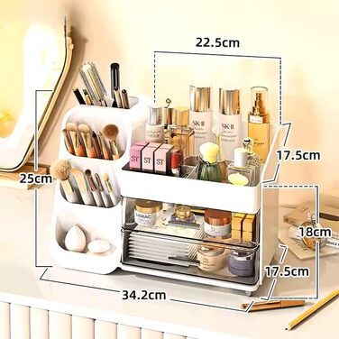 Органайзер для макіяжу преміум-класу з шухлядами містке та безпилове місце для зберігання косметики у вашому туалетному столику великий органайзер для макіяжу коробка для косметичного столика (білий) тримач для пензлів для макіяжу