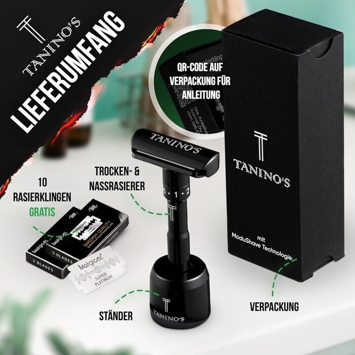 Чоловічий набір TANINO'S Safety Razor 10 лез включно - Бритва регулюється для всіх типів шкіри Безпечна одинарна бритва для гладкого, гладкого гоління з елегантною підставкою для зберігання Волога бритва