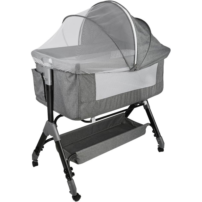 Дитяче ліжечко-колиска, 4-рівневе регулювання висоти, 3-в-1 дитяче ліжко та колиска, ліжечко з колесами, москітна сітка, нахил 20, 104 x 52 x 100-110 см Linen Grey