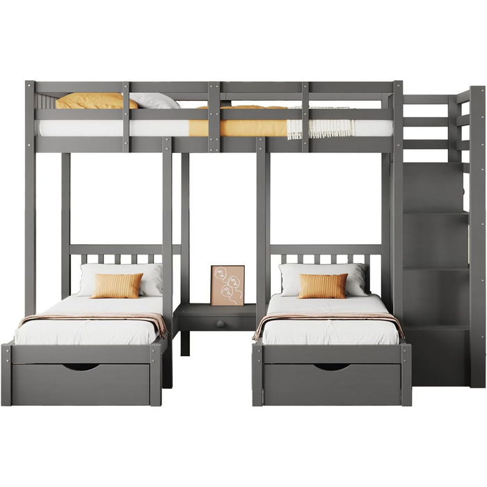 Двоярусне ліжко Billg 200x90 см для 3 дітей, дитяче ліжко із захистом від падіння, ліжко-горище з висувними ящиками, тумбочками і
