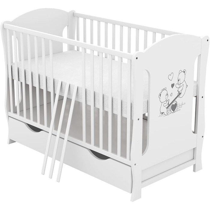 Дитяче ліжко Generic Baby Deluxe 60x120, що трансформується в дитяче ліжко білого кольору з шухлядою та матрацом з алое вера з регульованою висотою та знімними прутами (Lia White)