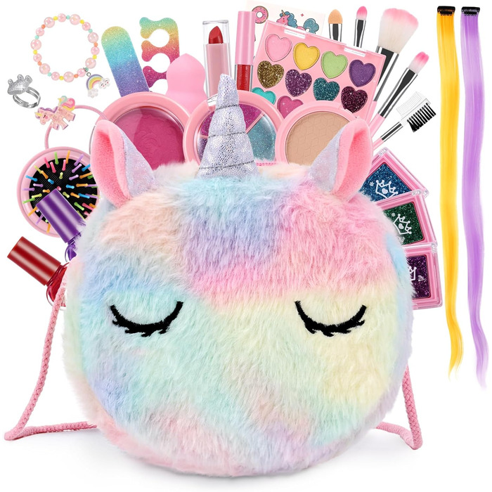 Дитячий набір для макіяжу Anpro для дівчаток, 41-предметний дитячий футляр для макіяжу, що миється, іграшка, дитячий набір для макіяжу для дівчаток, подарунки на Хелловін, Різдво, день народження, єдиноріг-4