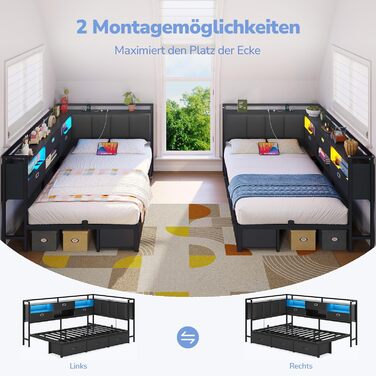 Диван-ліжко зі світлодіодним освітленням та зарядною станцією (2 розетки змінного струму 2 USB-порти), дитяче ліжко 90x200 см з 6 шухлядами, кушетка 90x200 см, м&39яка спинка з прихованим місцем для зберігання речей