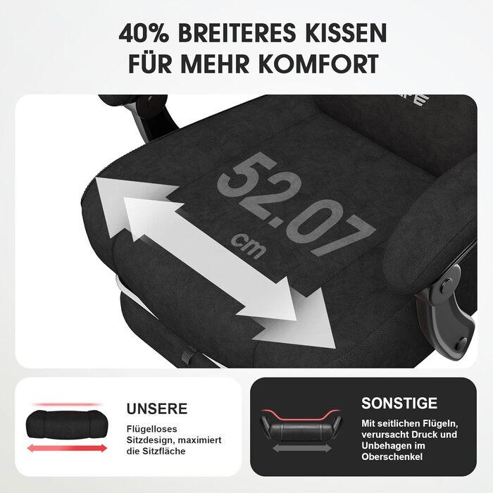 Ігрове крісло Douxlife з тканини та функцією масажу, розширена пружинна подушка сидіння, ергономічне офісне крісло, ігрове крісло для ПК з підставкою для ніг, 158 кг, чорний колір