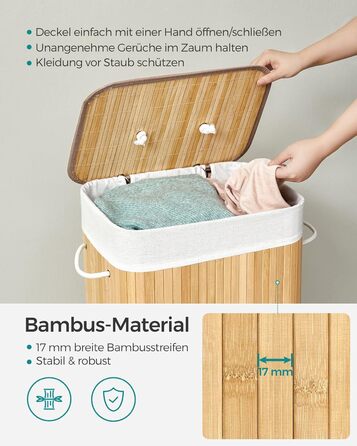 Кошик для білизни з кришкою, 72 л, бамбуковий, складаний, зі знімним мішком для прання, з ручками, для пральні, спальні, колір дер
