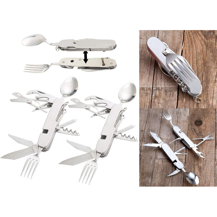 Міні-кишеньковий ніж Semptec Urban Survival Technology набір із 2 предметів, 14 складних столових приборів та кишенькового ножа з нержавіючої сталі (багатофункціональний, з виделками, роздільний, кишеньковий)