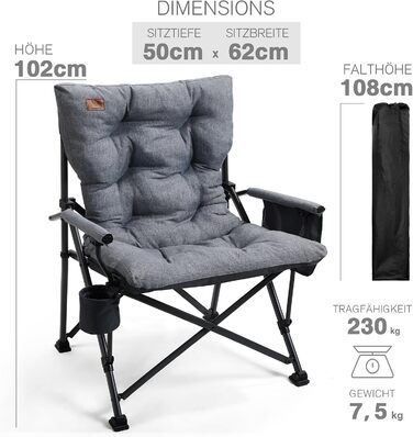 Складаний кемпінговий стілець EVER ADVANCED, вантажопідйомність 230 кг, XL-розмір, ширина сидіння 62 см з бічною кишенею та тримачем для напоїв, великий складний стілець, рибальський стілець для кемпінгу, використання на вулиці, балкон, сад, сірий