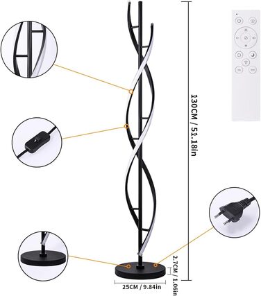 Світлодіодний торшер ELINKUME з пультом дистанційного керування, чорний спіральний торшер з регулюванням яскравості для вітальні Багатобарвний температурний торшер