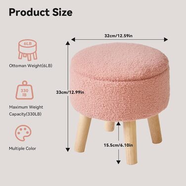 Дюймовий маленький пуф-пуф з місцем для зберігання, круглий пуф-підставка з м&39яким сидінням та кришкою, міні-пуф-підставка з оксамиту Teddy Velvet для дивана у вітальні, рожевий WBD006P 32Г x 32Ш x 33В см рожевий, 13-