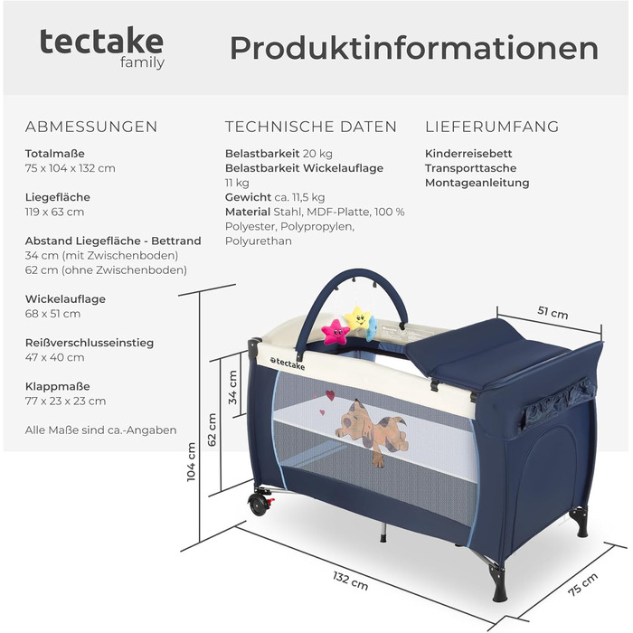 Дитяче ліжечко tectake Baby Travel Cot, дитяче ліжечко, регульоване по висоті ліжечко з матрацом та сумкою для перенесення, дитяче ліжко, дорожнє ліжечко, портативне приліжкове ліжечко для немовлят - 132 x 75 x 104 см - темно-синій, синій, з малюком собак