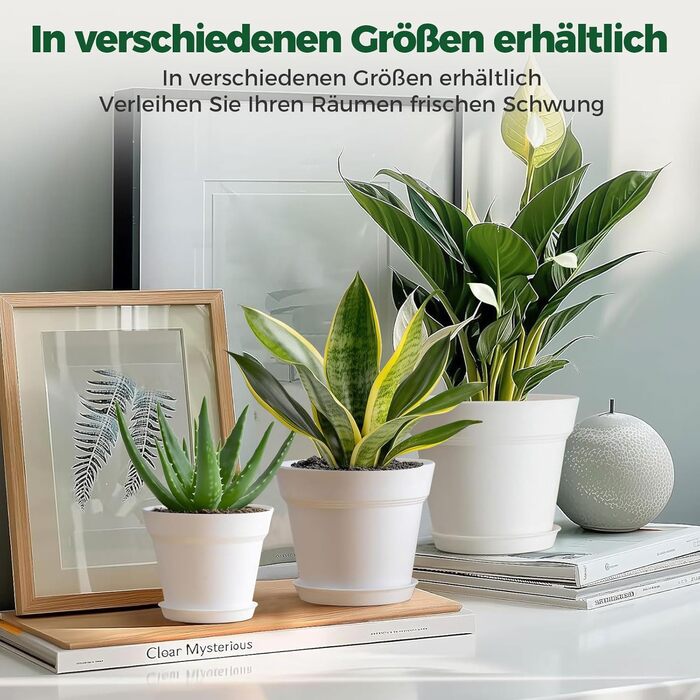 Пластиковий квітковий горщик 19 см з блюдцем, набір із 6 пластикових горщиків для трав з кількома дренажними отворами, круглий горщик для сукулентів у приміщенні та на балконі, білий/розкішний сад 19 см, 4U