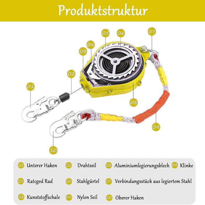 Захист від падіння, 10 м, висувний страхувальний пристрій для альпінізму, пристрій для спуску з висоти, страхувальний трос для робіт на даху та в горах, максимальне навантаження 150 кг