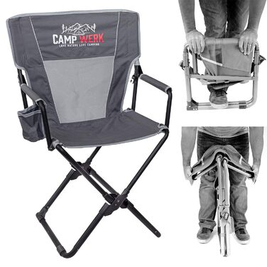 Кемпінгове крісло CAMPWERK, легке та компактне, зі спинкою, вбудованими підлокітниками та підсклянником, компактне, стійке до бруду та води, складане, для всіх видів активного відпочинку на свіжому повітрі, сіре