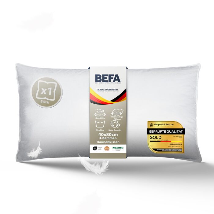 Пухова подушка BEFA NATUR 40x80 см 3-камерна подушка 90 пух та 10 пір&39я Вага наповнювача 700 г Підходить для алергіків (NOMITE) Сертифіковано для тварин (DOWNPASS) Oeko-TEX Клас 1 Зроблено в Німеччині 40x80 см