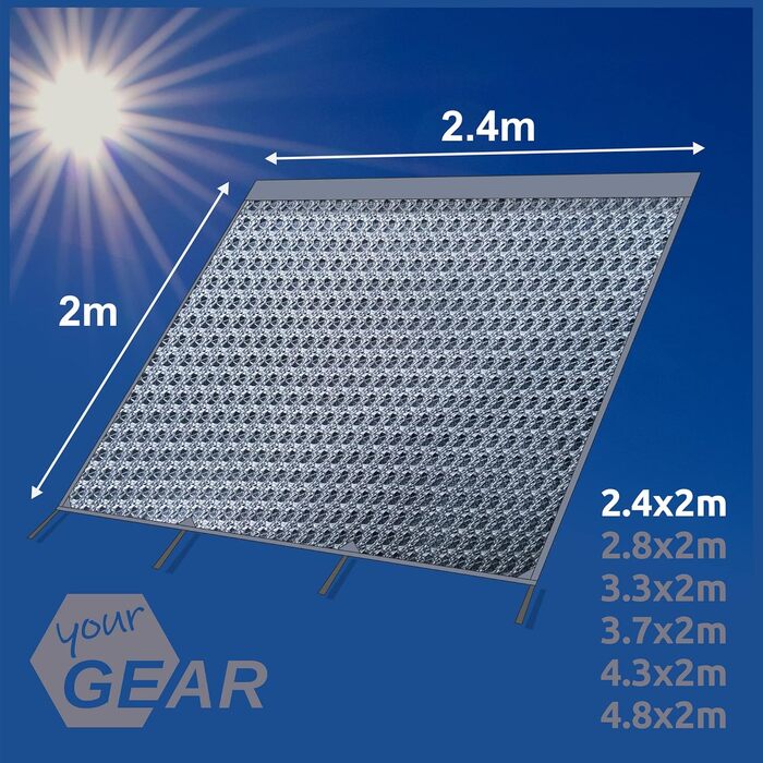 Ваш GEAR Capri Sun Blocker - 6 розмірів - вітропроникні передні та бічні панелі тенту для тентів, забезпечення конфіденційності та захисту від сонця. 3 кедри діаметром 4,3, 6,2 та 7 мм. Ширина передньої панелі від 240 до 480 см. 240 x 200 см - передня пан