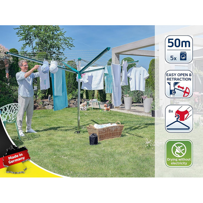 Ротаційна сушильна машина Leifheit Linomatic 500 Deluxe Cover з втягуванням шнура для чистої білизни, парасолька для прання для вс