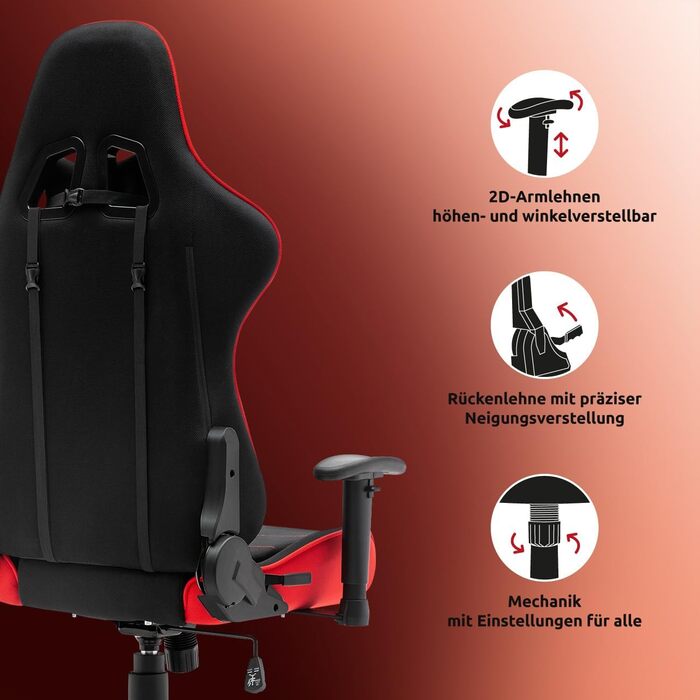 Тканинне ігрове крісло SRACER R6, ігрове крісло до 130 кг, гоночне крісло з підголівником, з поперековою опорою, з 2D підлокітниками, чорно-червоне