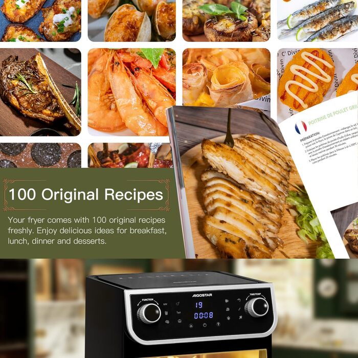 Фритюрниця 8 л з оглядовим вікном, 12 програм, цифровий світлодіодний сенсорний екран, фритюрниця з гарячим повітрям із книгою рецептів, без олії, можна мити в посудомийній машині, срібло без BPA 1700 Вт 8 л