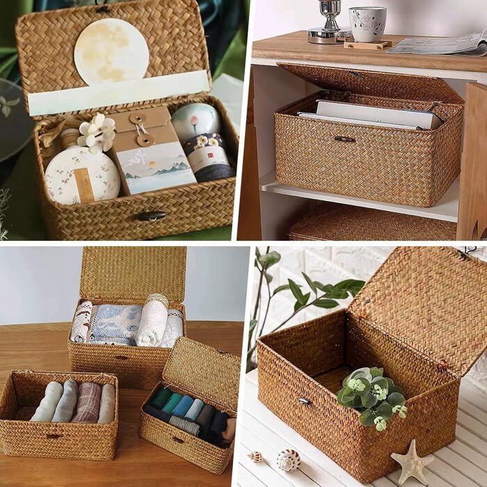Ротанговий кошик з кришкою, кошик для зберігання з 3 предметів з натуральної морської трави, багатофункціональний кошик для зберігання, плетені полиці-кошики (B)