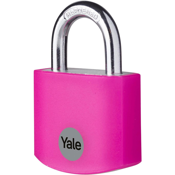Замок навісний Yale YE3B/32/116/1/P, 32 мм, алюмінієвий, рожевий, з подвійним замиканням, загартована дужка Ø 5 мм, 3 ключі в комплекті, для шафок, інструментальних ящиків, шаф. Рожевий, 32 мм.