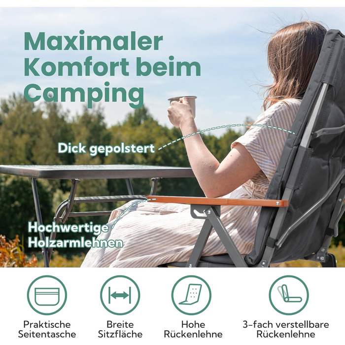 Складаний кемпінговий стілець Homecall, вантажопідйомність 150 кг, розкішний складний кемпінговий стілець з високою спинкою та 3 регульованими положеннями, товщина м&39якої підкладки 4,5 см, рибальський стілець для саду, балкону, кемпера (1, темно-сірий) 
