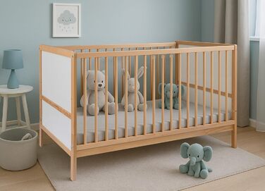 Дитяче ліжко Nelly 120x60 см Дитяче ліжко Натуральний/Білий Бук Регульована висота у 2 напрямках 3 знімні перекладини Сертифіковано EN 716