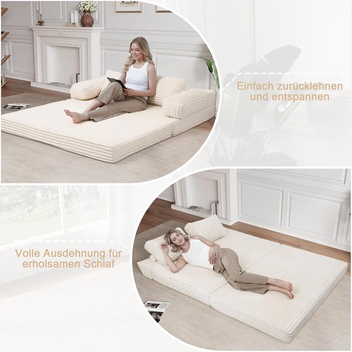 Розкладний диван-ліжко MeMoreCool Cord, зручний розкладний диван із функцією сну, безкістковий диван із подушками для спальні, вітальні та невеликих приміщень, компресійний диван-ліжко 3-в-1, бежевий