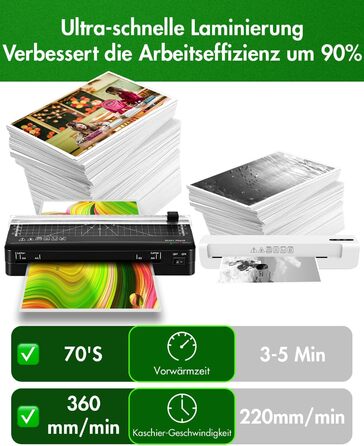 Ламінатор A4, швидкий прогрів за 70 секунд, вбудований різак, ламінатор з технологією NTC з 10 ламінувальними пакетами для A4/A5/A6, для офісу, дому та школи