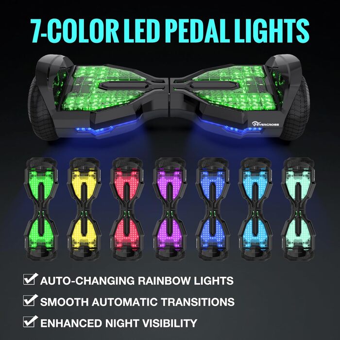 Гіроскутери EVERCROSS EV2 із сидінням – акумулятор 5,2 Аг, 15 км/год, музика через Bluetooth, 7-кольорове підсвічування педалей, вантажопідйомність 85 кг, з ховеркартом для дітей, підлітків та дорослих