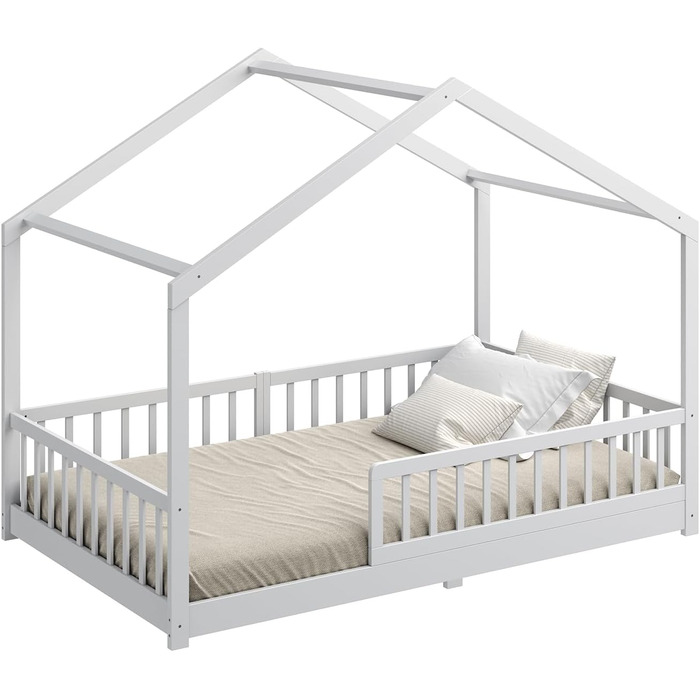 Дитяче ліжко CADANI Malte 120x200 см Ліжко-будиночок зі знімними захисними поручнями, вантажопідйомність до 200 кг, висувна рейкова основа, ліжко Монтессорі з масиву сосни, білий колір 120x200 см