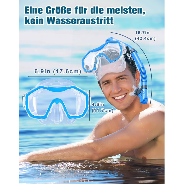 Набір для дорослих з маскою для снорклінгу, комплект з 2 предметів, комплект для снорклінгу з панорамною маскою для снорклінгу та сухим снорклінгом, водонепроникна маска для дайвінгу з загартованого скла для дайвінгу, снорклінгу, плавання, прозорий синьо-