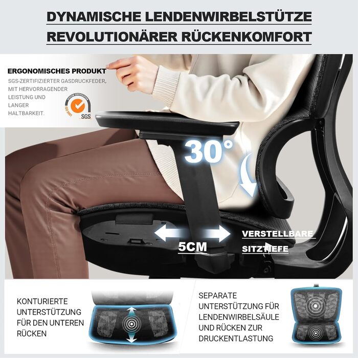 Ергономічне офісне крісло, 4D підлокітники, регульована глибина сидіння, 4 рівні нахилу, гумові ролики, вантажопідйомність 150 кг, сітчасте сидіння, висока спинка