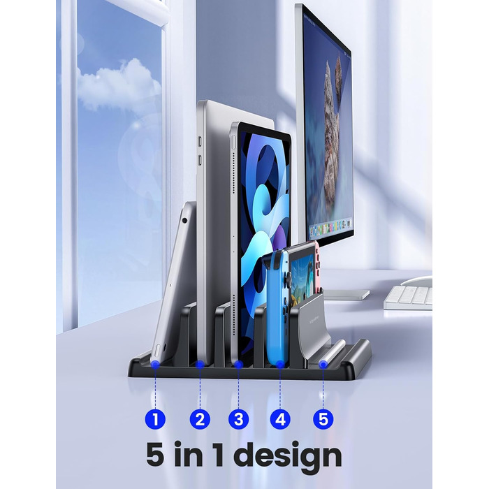 Вертикальна підставка для ноутбука - компактна та регульована, 5-в-1, з 3 слотами для MacBook, ноутбуків, iPad та ноутбуків до 17,3 дюймів - Чорна. Чорний / Schwarz