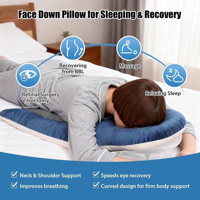 Подушка для сну обличчям вниз, ергономічна подушка для обличчя з піною з ефектом пам&39яті, регульований по висоті масажний підголівник для дому, сну на животі та відновлення після операції на очах з вітректомією